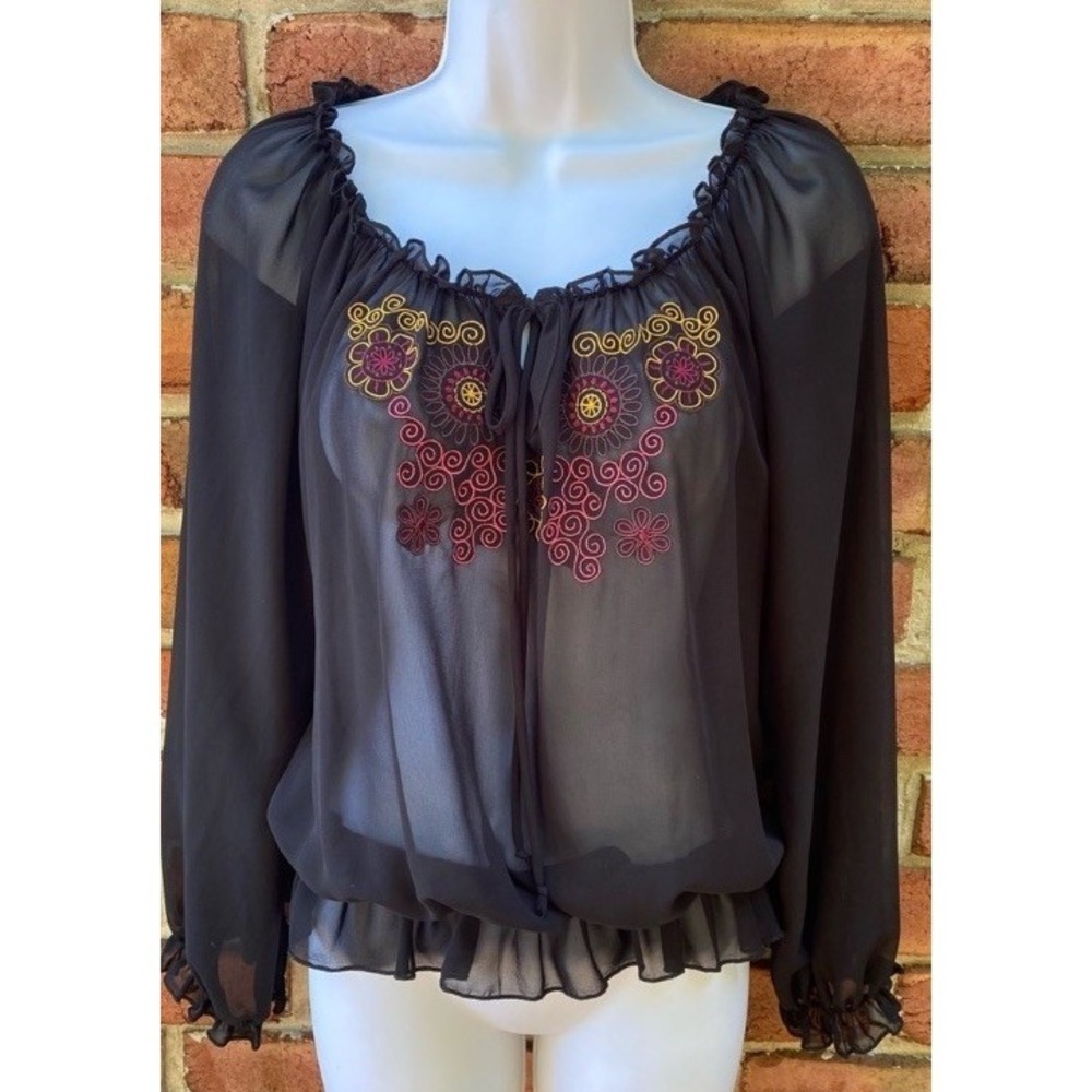 Gemstone Black Sheer Boho Embroidered Blouse Festival Small Whimsigoth Fairy